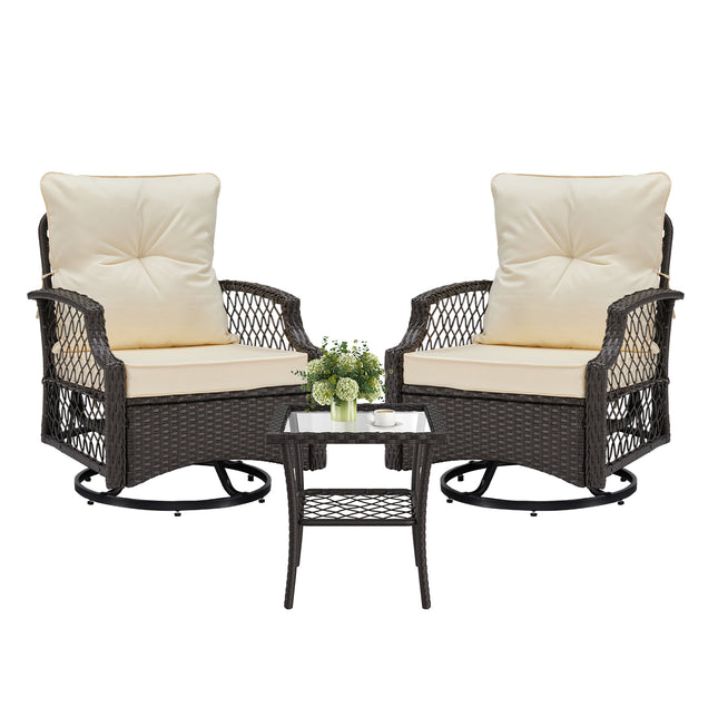 3-Piece Patio Furniture Set, Wicker Outdoor Bistro Set Swivel Glider Patio Chairs x 2 with Cushions, Side Table x 1, High Back All-Weather Rattan Outdoor Furniture for Porch, Backyard