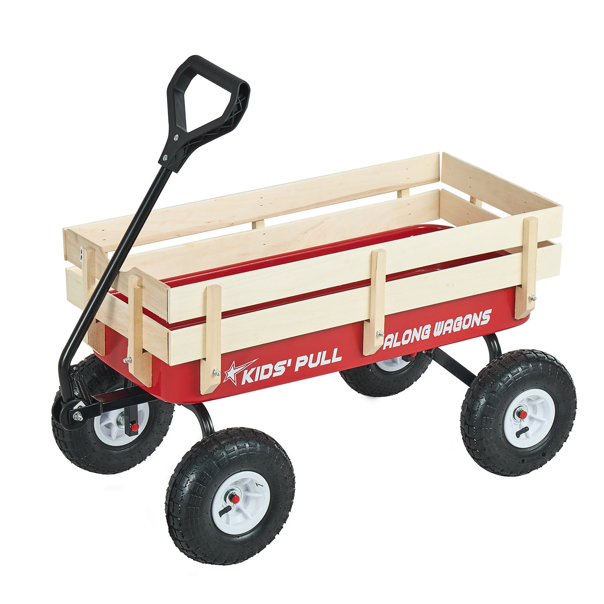 Pull-Along Wagon for Kids, 39 inch Toddler Wagons with Wooden Panels & Handle, Supports up to 330 lbs, All-Terrain Utility Wagon Cart Birthday Present for Kids Gardening Beach, Red