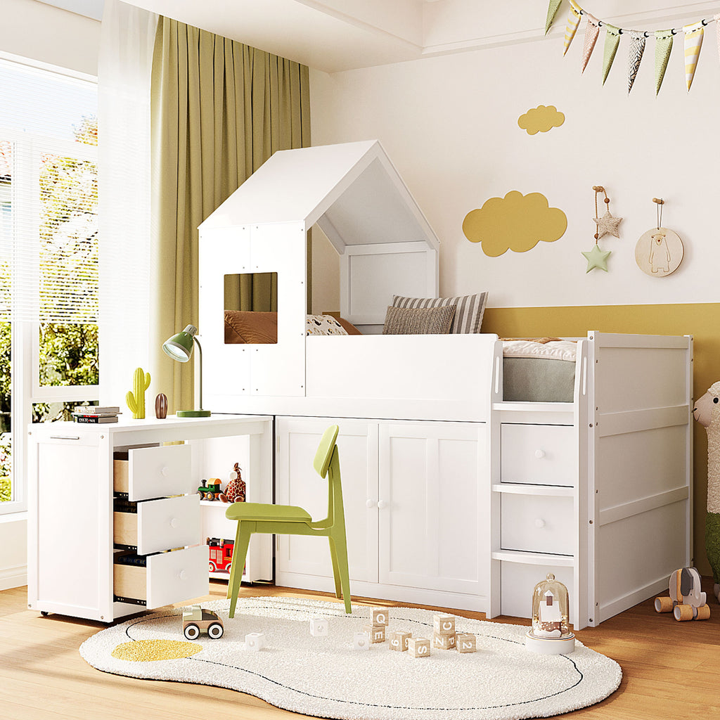 Twin Size Wooden Loft Bed with Desk, Drawers,Cabinets,White