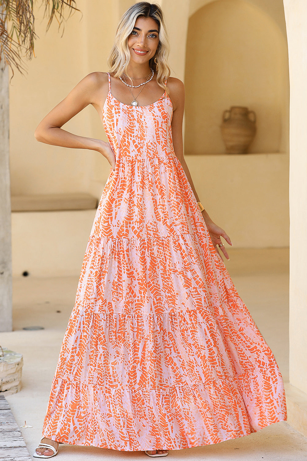 Orange Abstract Print Backless Tiered Maxi Dress - Eloy Royal