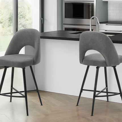 Barstool, 39' Height, Set Of 2, Counter Height, Swivel, Kitchen, Grey Fabric, Black Metal, Contemporary, Modern