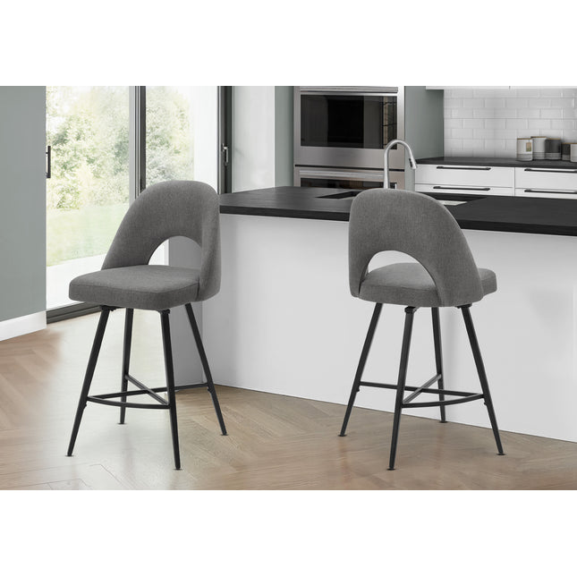 Barstool, 39' Height, Set Of 2, Counter Height, Swivel, Kitchen, Grey Fabric, Black Metal, Contemporary, Modern