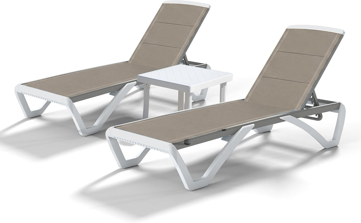 Patio Lounger Chair Outdoor, Pool Lounge Chairs Set of 2 with Table  Brown, Double-Layer Fabric