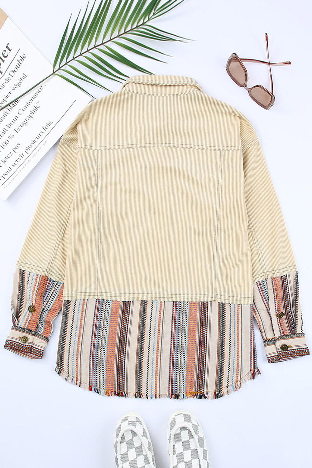 Wholesale Beige Button Up Pockets Striped Color Block Corduroy Jacket - Eloy Royal