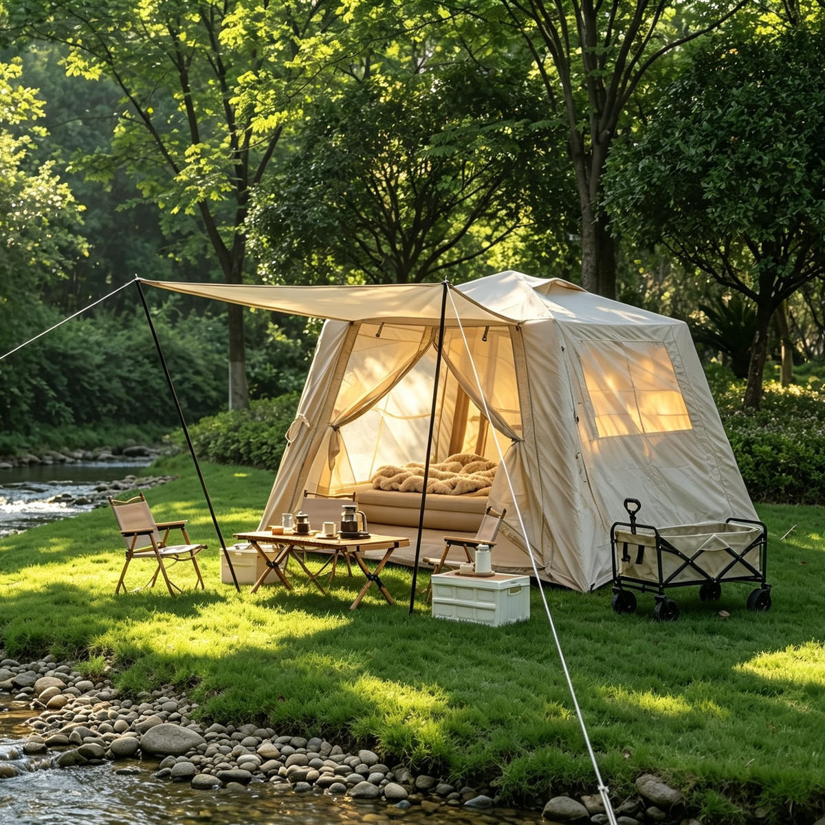 5.76 m ² Inflatable Tents for Camping with canopy, Blow Up Tent with Hand Pump, Easy Setup InflatableTent 4 Season Tent, Waterproof Oxford Air Glamping Tents for Camping Adult 2-3 Person