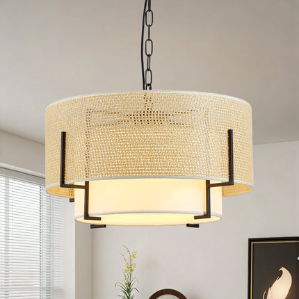 19.7 in in Farmhouse Boho Chandelier with 4-Light Hand Woven Rattan Pendant