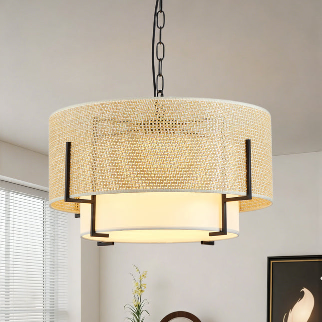 19.7 in in Farmhouse Boho Chandelier with 4-Light Hand Woven Rattan Pendant