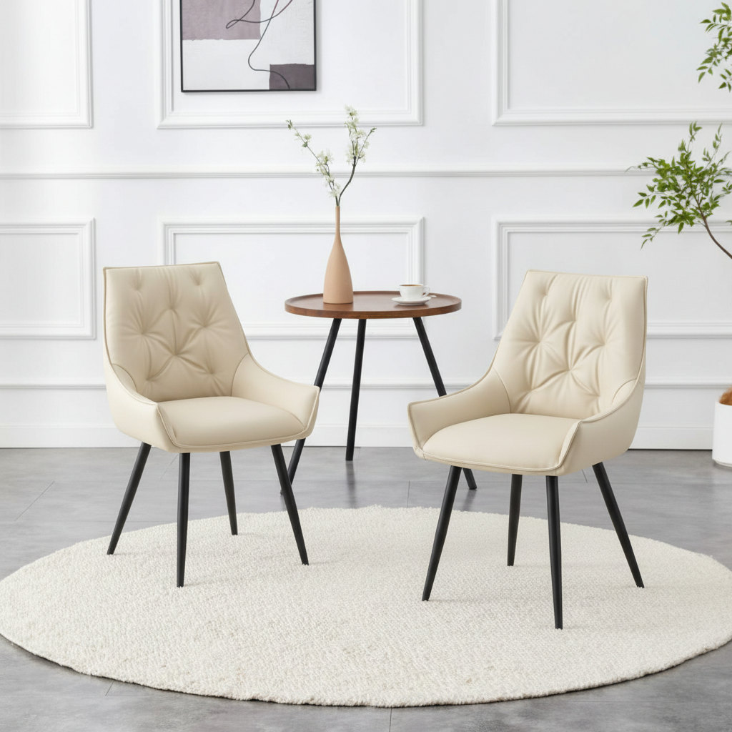 Dining Chairs Set of 2, Off White Faux Leather Dining Room Chair, Metal Kitchen Chairs with Gold Mesh Texture and Black Sanded Legs, Flat Back Upholstered Chair (Off White, Set of 2)