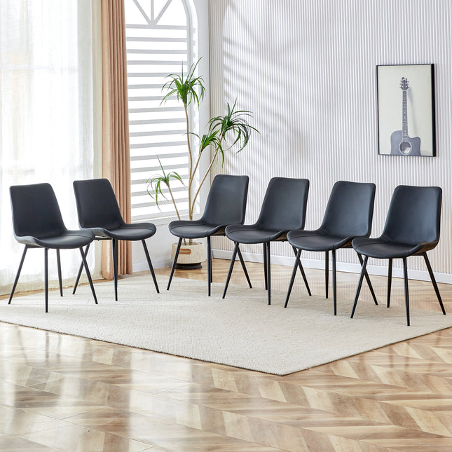 Black artificial leather backrest cushion dining chair, black metal legs, curved widened cushion design for more comfort, suitable for restaurants, kitchens, bedrooms, offices.(6 chairs)