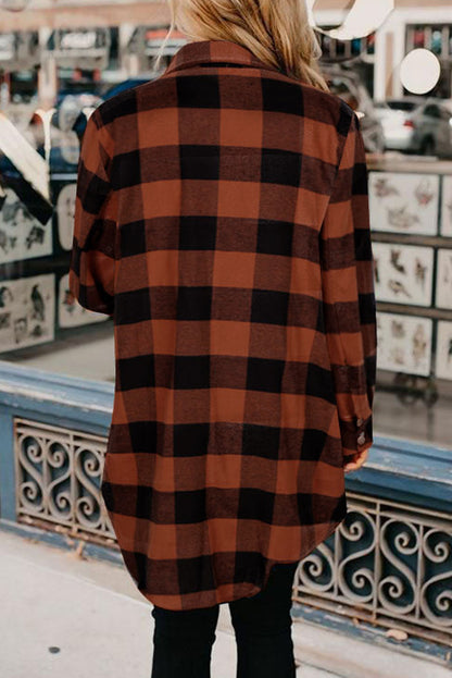 Wholesale Brown & Black Plaid Collared Botton Down Long Shirt Shacket - Eloy Royal