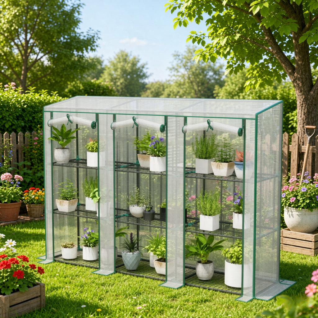 84.6'x18.1'x56.7' Lean‑to Mini Greenhouse, 3‑Tier Shelves with 3 Roll‑Up Doors & PE Cover
