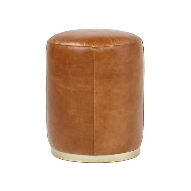 Nico 16' Round Leather Ottoman Stool in Camel Brown Leather with Brass Base