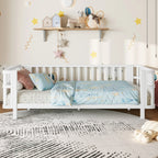 Children's double wooden platform bed with railings, a low iron double bed with railings, suitable for girls and boys, (Twin,White) - Eloy Royal