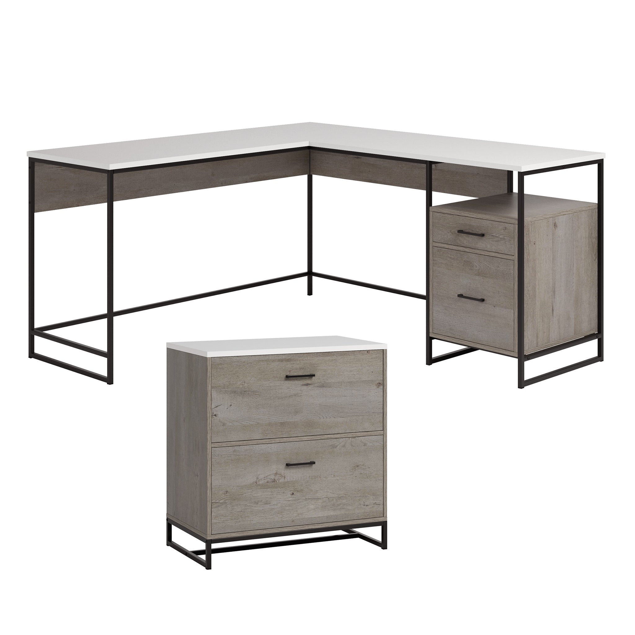 L-Shaped Desk & Lateral File Cabinet Bundle, Brown finish