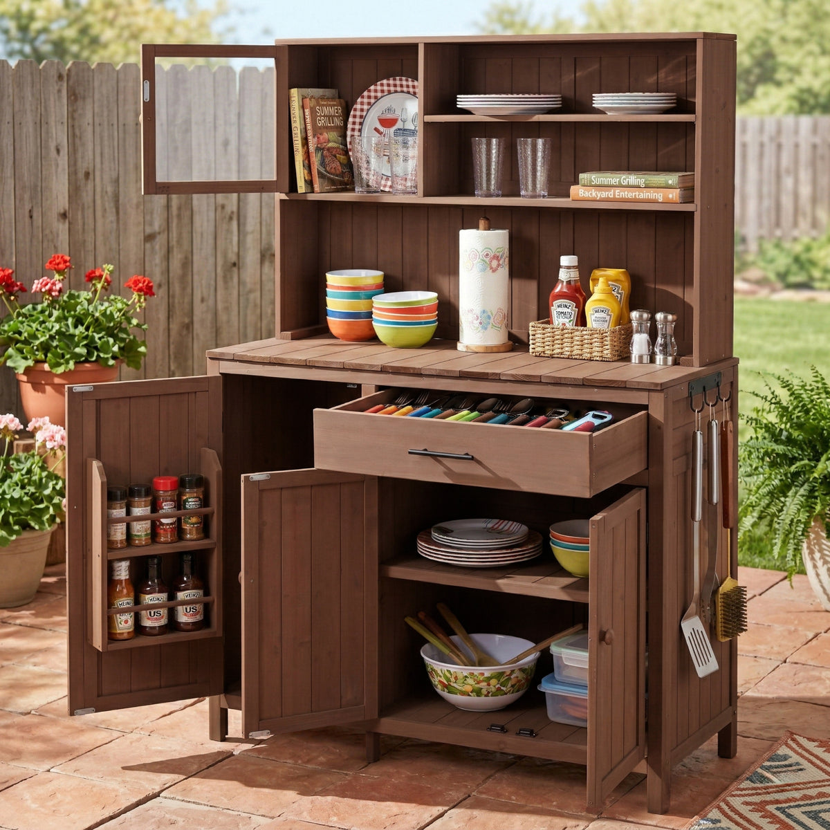 (With Assembly Video) TOPAMX Potting Bench with Hutch, 65' H Solid Fir Wood Garden Workstation, Large Countertop, Patio Kitchen Island with Adjustable Shelves, Spice Rack, Side Hook and Drawer, Brown