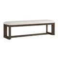 Dark Oak Upholstered Dining Bench in Cream Bouclé Fabric, Solid Wood Frame, 64.5L x 17.5W x 19H inches