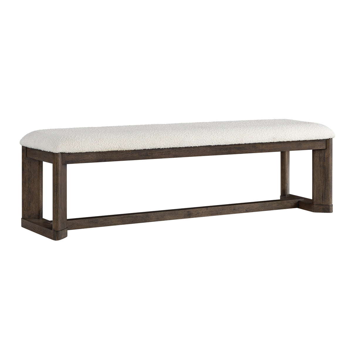Dark Oak Upholstered Dining Bench in Cream Bouclé Fabric, Solid Wood Frame, 64.5L x 17.5W x 19H inches