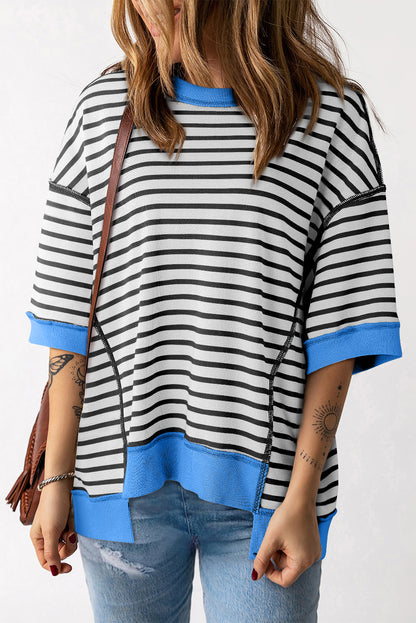 Pink Stripe Colorblock Drop Sleeve Loose Top - Eloy Royal