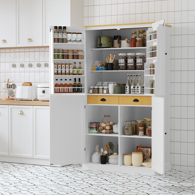 TOPMAX 40.2x20x71.3inch High Freestanding Kitchen Pantry Large Cupboard Storage Cabinet with 2 Drawers, 2 Adjustable Shelves, 8 Door Shelves for Kitchen, Dining Room,White