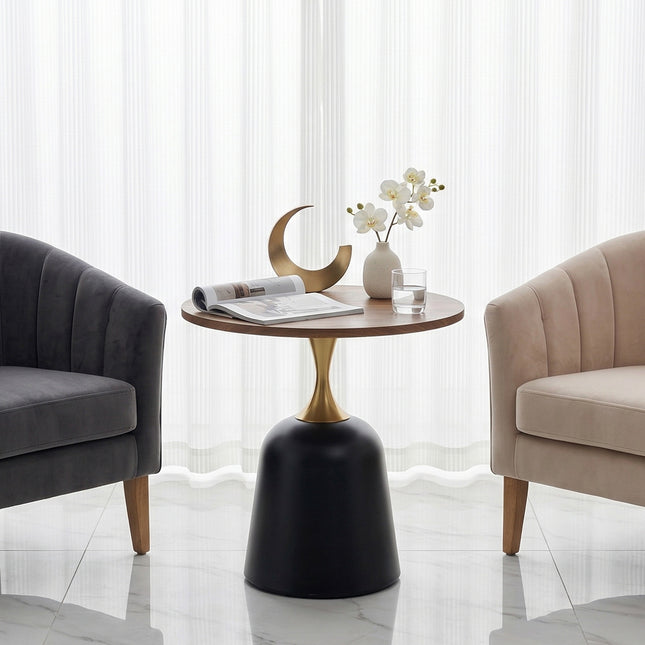23.6 inch circular side table coffee table, metal base living room table, simple and modern walnut wood grain decoration, negotiation table, unique circular sofa headboard office desk.