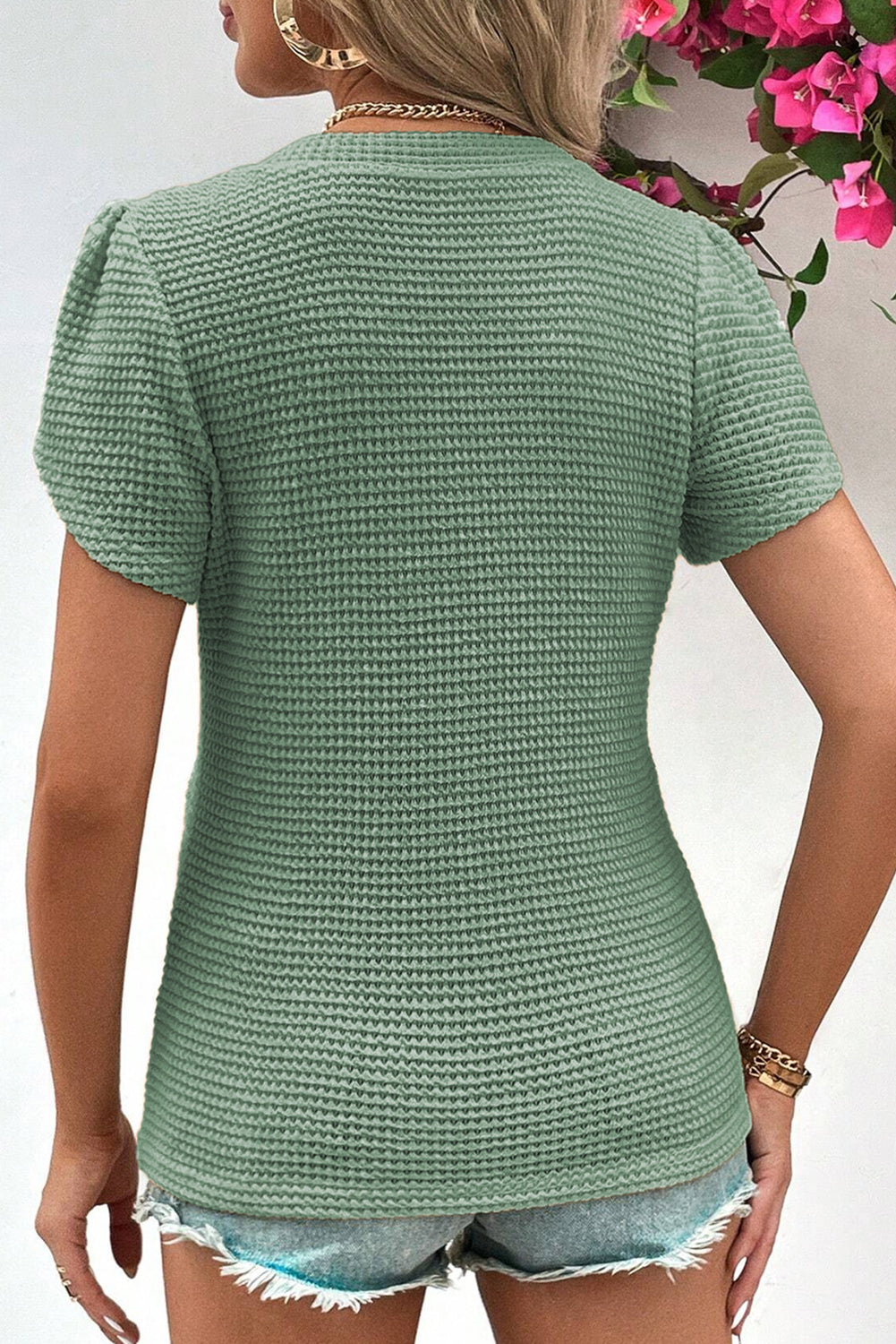 Mist Green Tulip Sleeve Waffle Knit V Neck T-Shirt - Eloy Royal