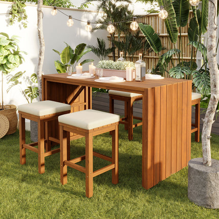 Patio Acacia Wood Bar Height Table & Four Stools with Cushions with
