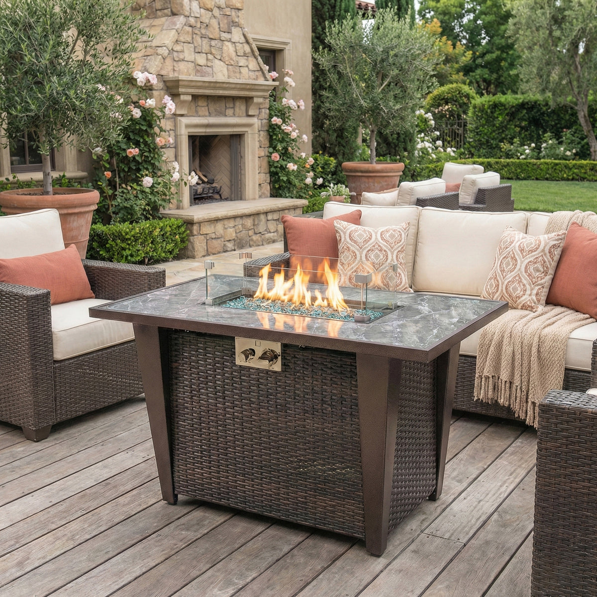 42' Propane Gas Fire Pit Table, 60000 BTU Square Steel Fire Pit with Glass Wind Guard for Outside Patio Deck Garden Courtyard -Gray