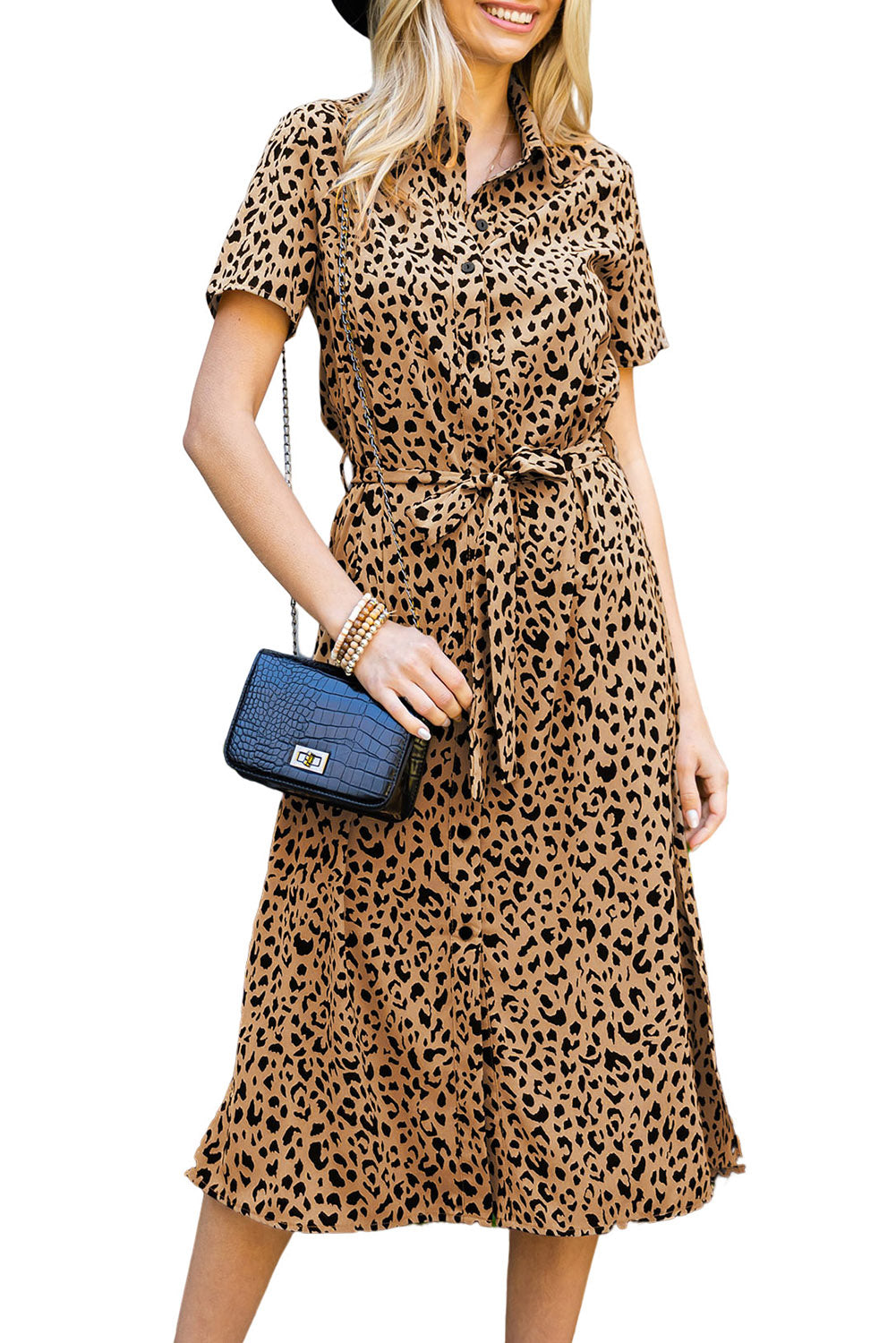 Khaki Leopard Print Waist Belted Button Up Shirt Dress - Eloy Royal