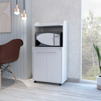 Kitchen Cart 49' H, Two Door Cabinet, One Open Shelf, Two Interior Shelves, White