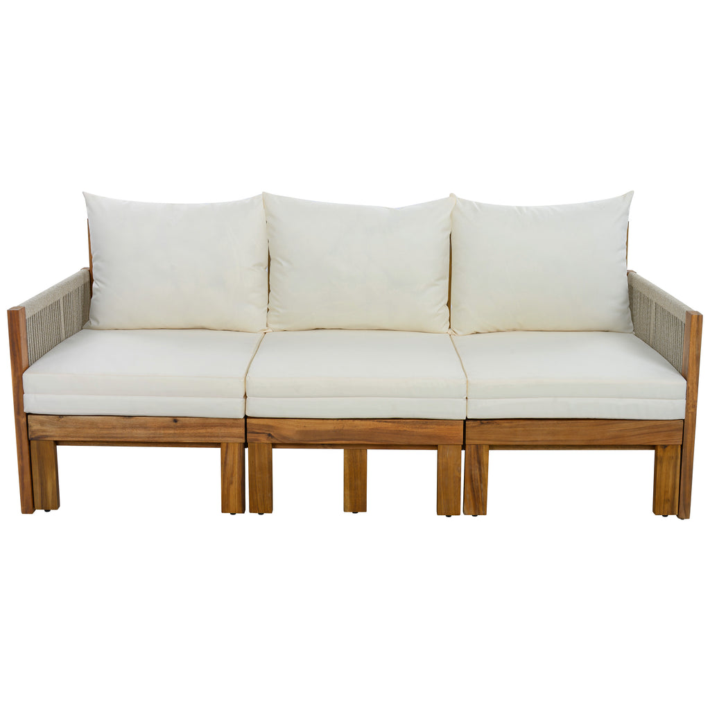 Outdoor Daybed Patio Sofa Bed 3 Seat Patio Sunbed with Natural Wood Frame and Beige Waterproof Cushions