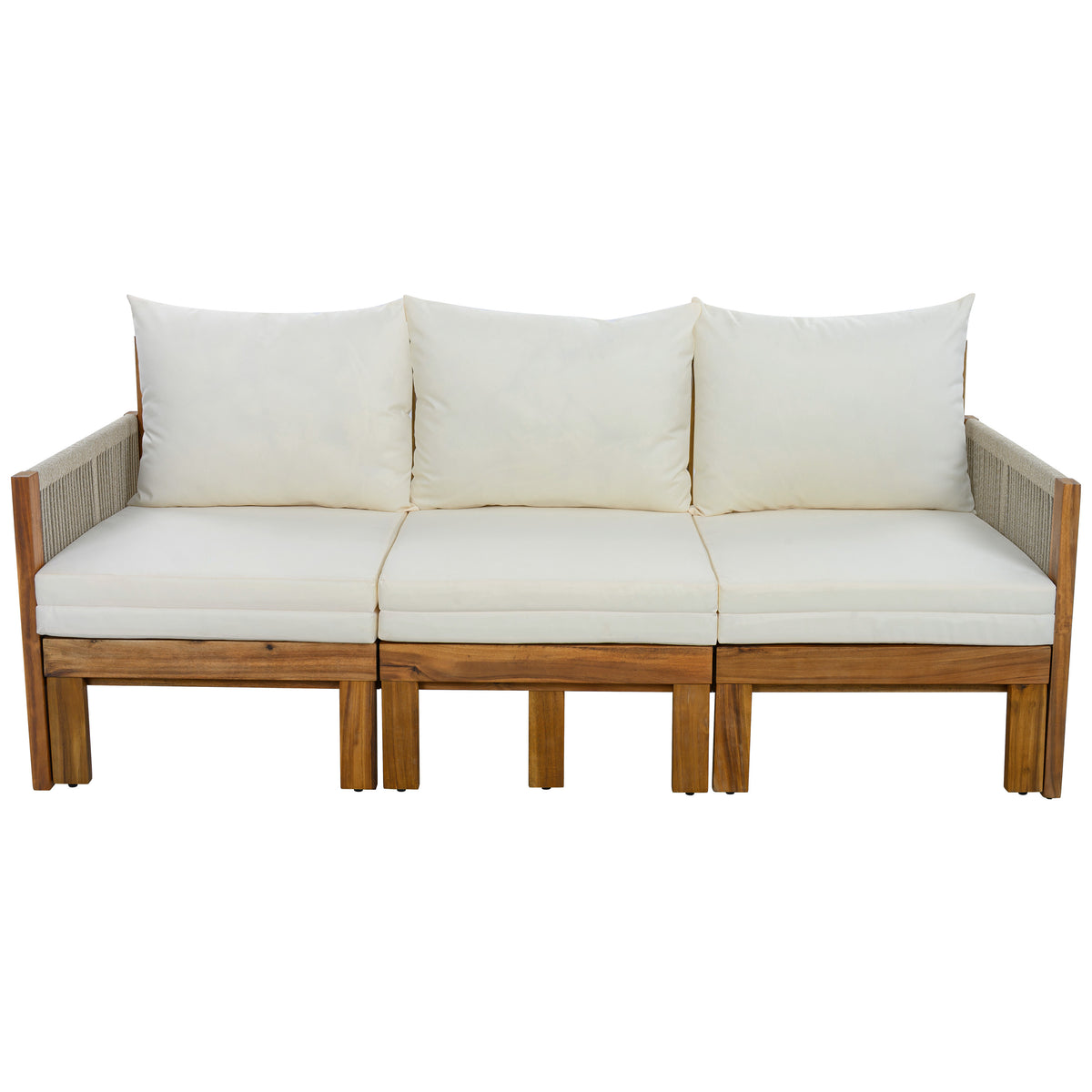 Outdoor Daybed Patio Sofa Bed 3 Seat Patio Sunbed with Natural Wood Frame and Beige Waterproof Cushions
