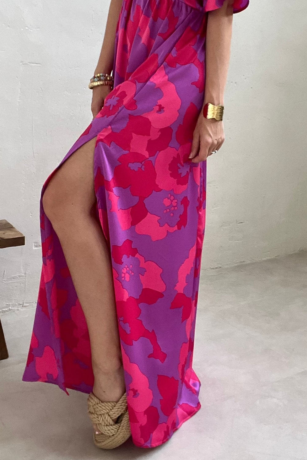 Rose Abstract Floral Print V Neck Split Maxi Dress - Eloy Royal