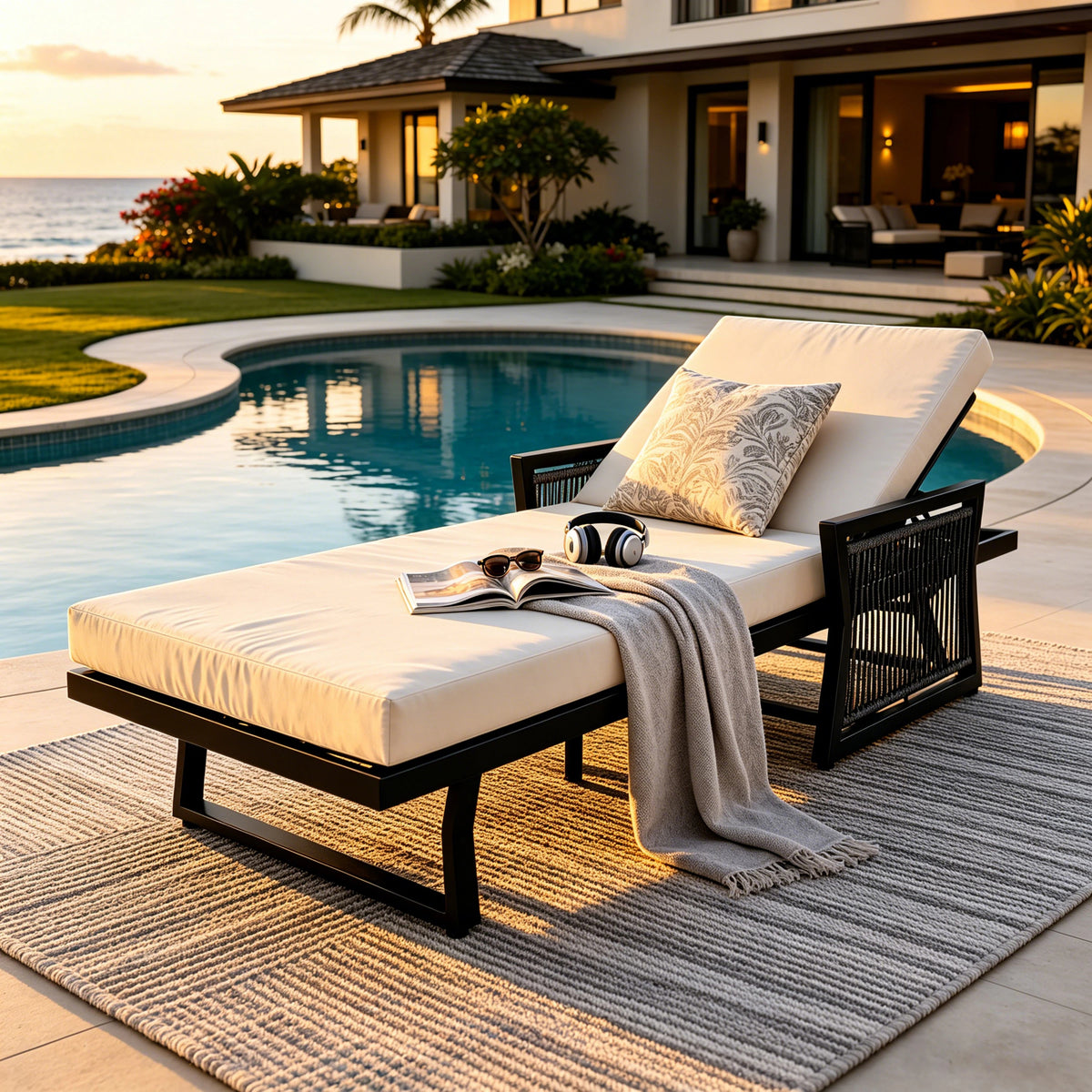 Black Iron Outdoor Chaise Lounge with Black Rope Armrests & Cream 4' Foam Cushion, 5-Position Adjustable Recliner, Water Resistant Cushion, 400 LBS Capacity for Patio Pool Backyard