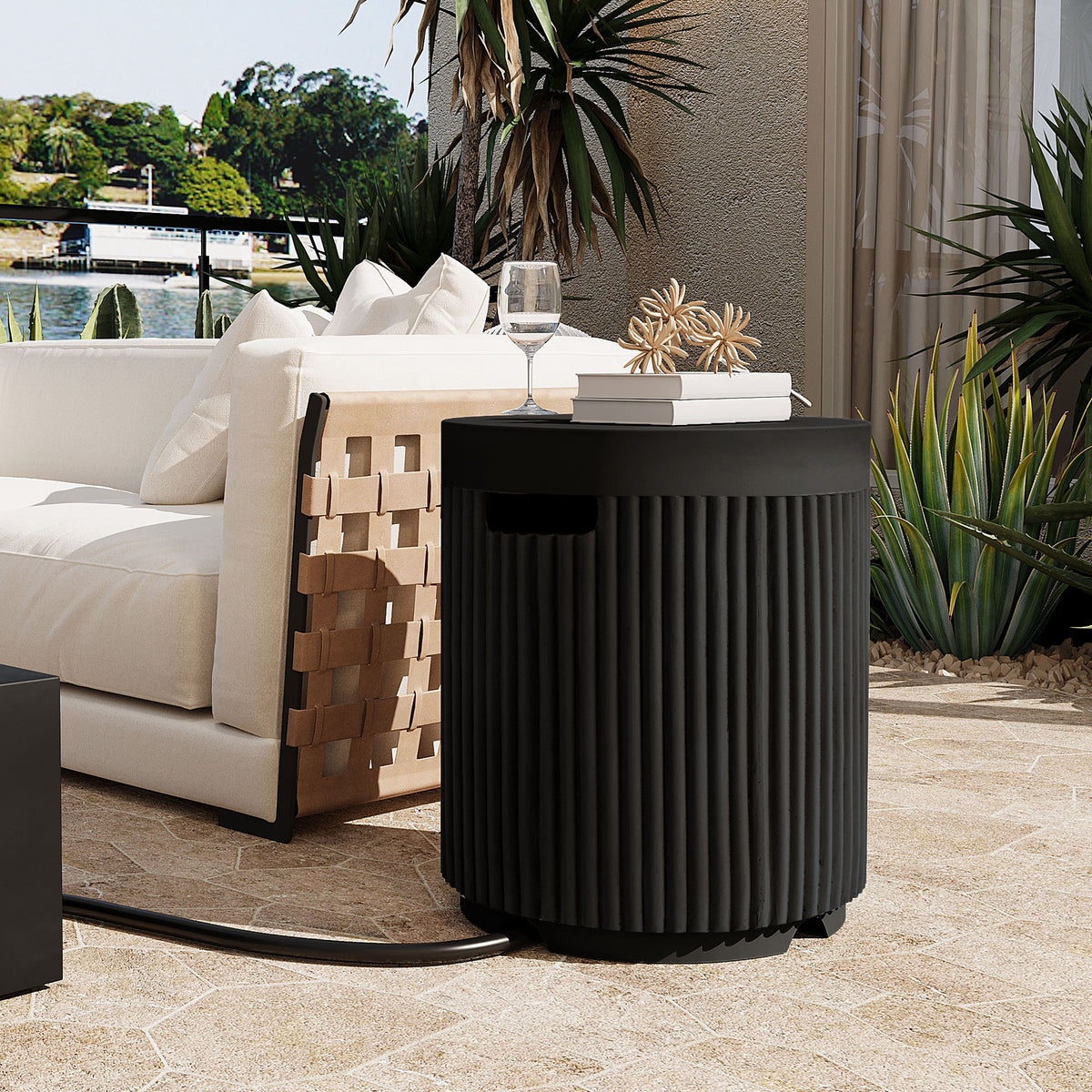U_STYLE Outdoor Round Propane Tank Cover Table with Vertical Fluted Design,MGO Cylinder Propane Tank Hideaway for 20 lb Gas Tank,16.93'' Round Patio Side Table with Handle Slots, Propane Not Included