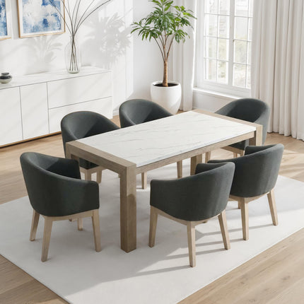 Louisa 7-Piece Dining Set with 66' Rectangular White Faux Marble Top Table in Light Oak Finish & 6 Gray Upholstered Barrel Chairs
