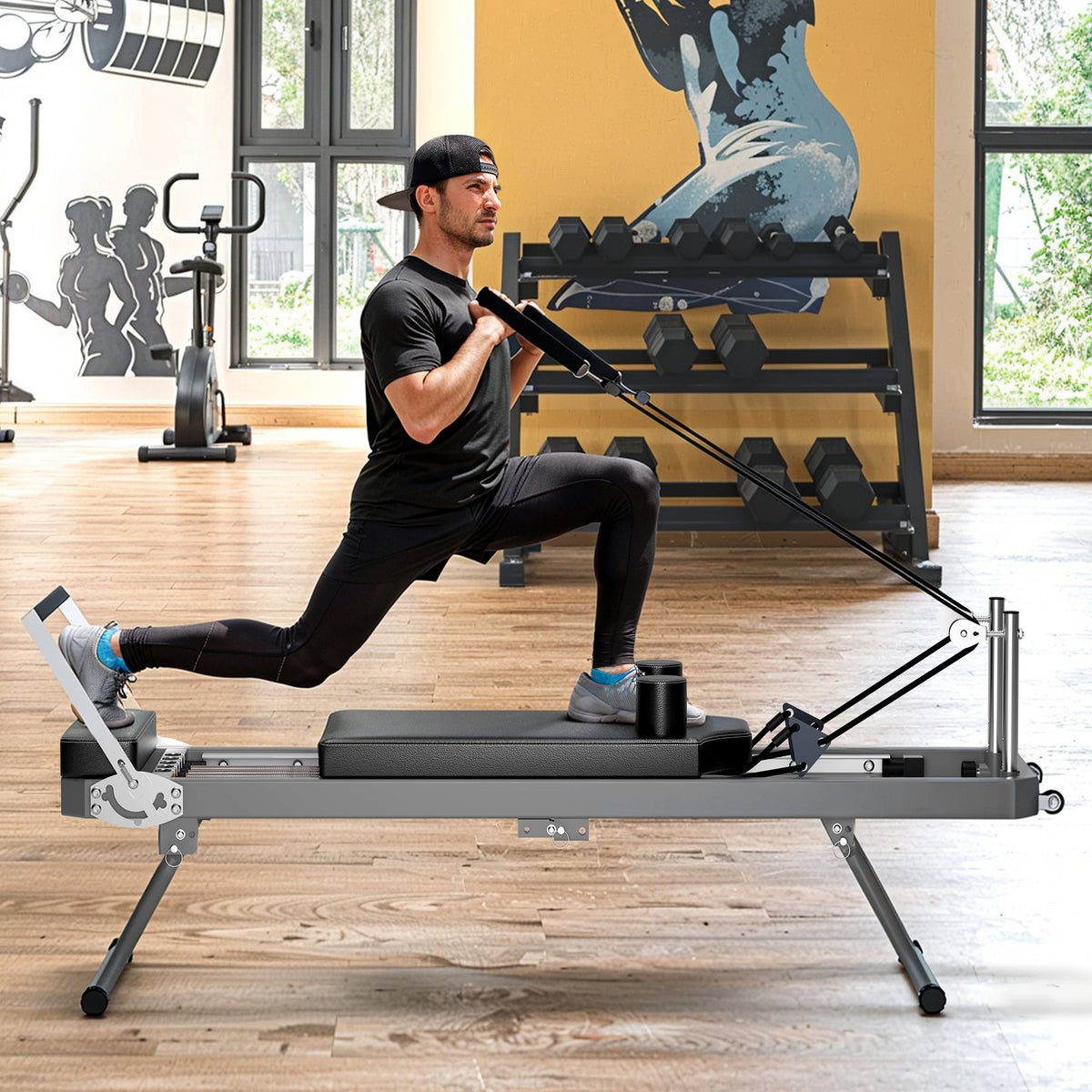 Extra Large Pilates Reformer - Multi-functional Home Fitness Equipment, 395lbs Capacity, with Dynamic Resistance Cords and Aerobic Rebounder, Improves Posture, Builds Strength, Reduces Stress, black