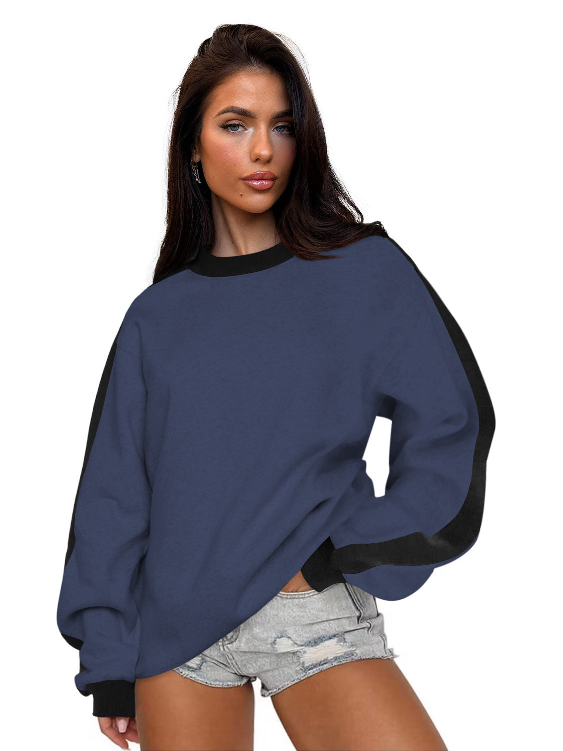 Women's Contrast Color Round Neck Loose Sweater Long-sleeved Top