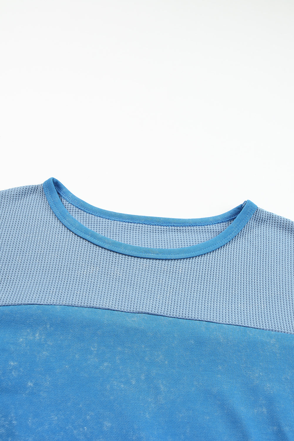 Wholesale Sky Blue Plus Size Waffle Knit and Washed Patchwork Drop Shoulder Top - Eloy Royal