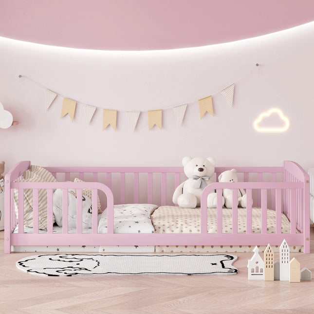 Twin Size Floor Fence Bed with Central Entrance,Pine Wood Floor bed with Guardrails,Pink