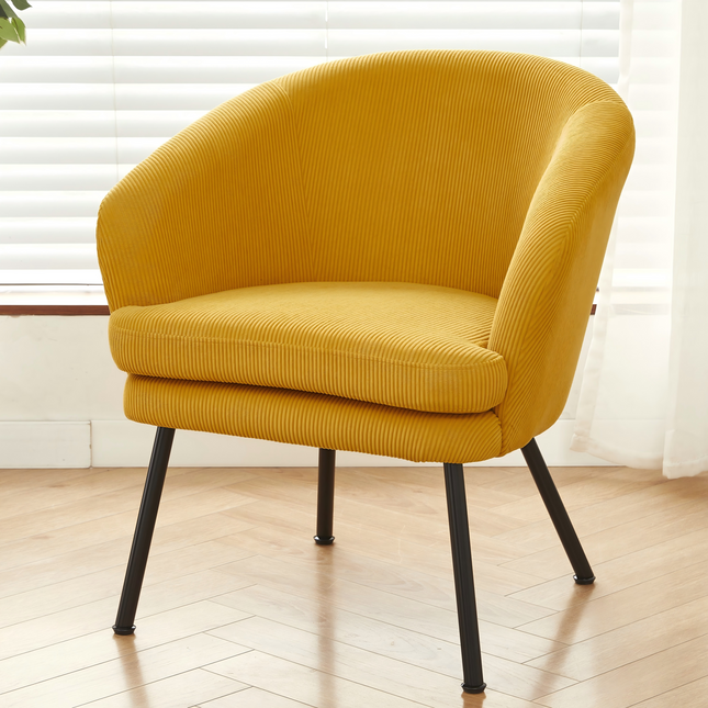 Corduroy Accent Chair with Black Metal Legs, Modern Upholstered Armchair, Comfy Barrel Chair for Living Room Bedroom