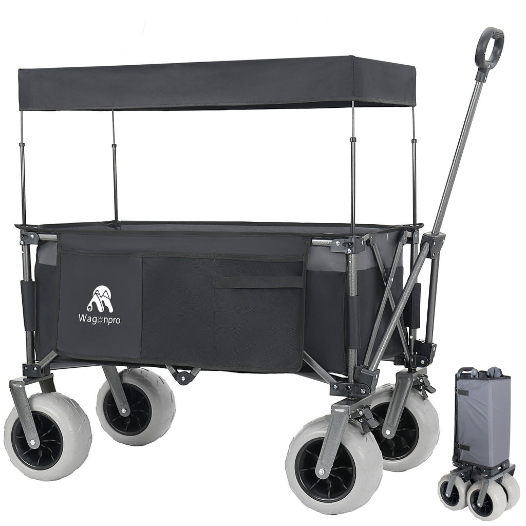 Multi-Functional Pull Folding Wagon Cart with Flexible Handle & Canopy, Heavy Duty Utility Cart with 9'x4' Beach Tires for Camping & Beach, Transport, Groceries, Sports, 480LBS/120L(Black Gray)