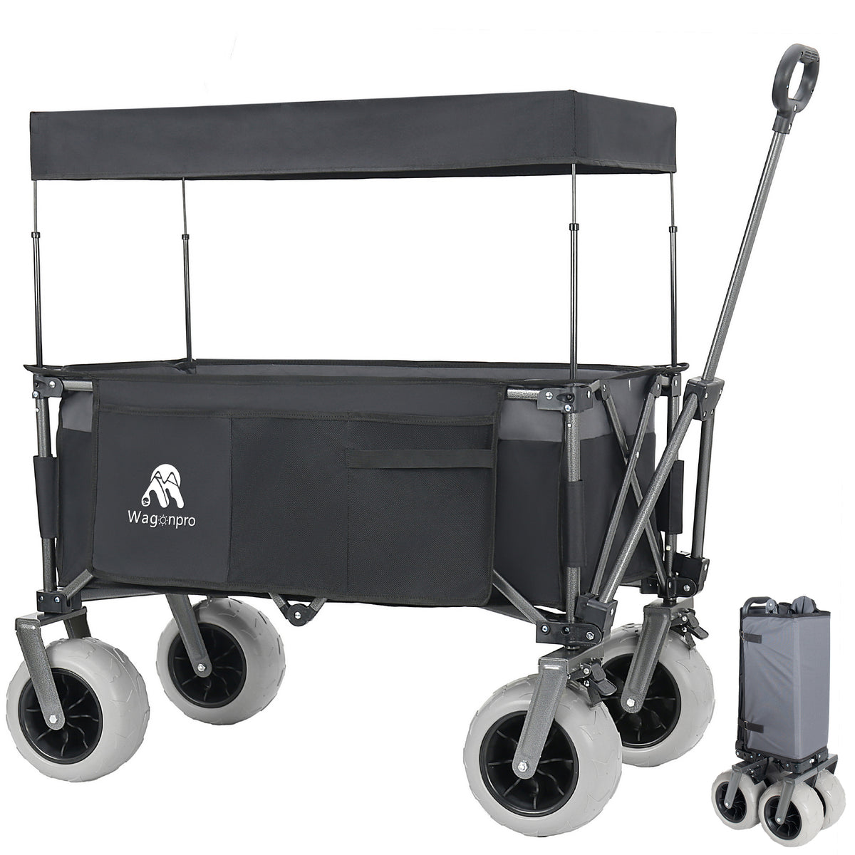 Multi-Functional Pull Folding Wagon Cart with Flexible Handle & Canopy, Heavy Duty Utility Cart with 9'x4' Beach Tires for Camping & Beach, Transport, Groceries, Sports, 480LBS/120L(Black Gray)