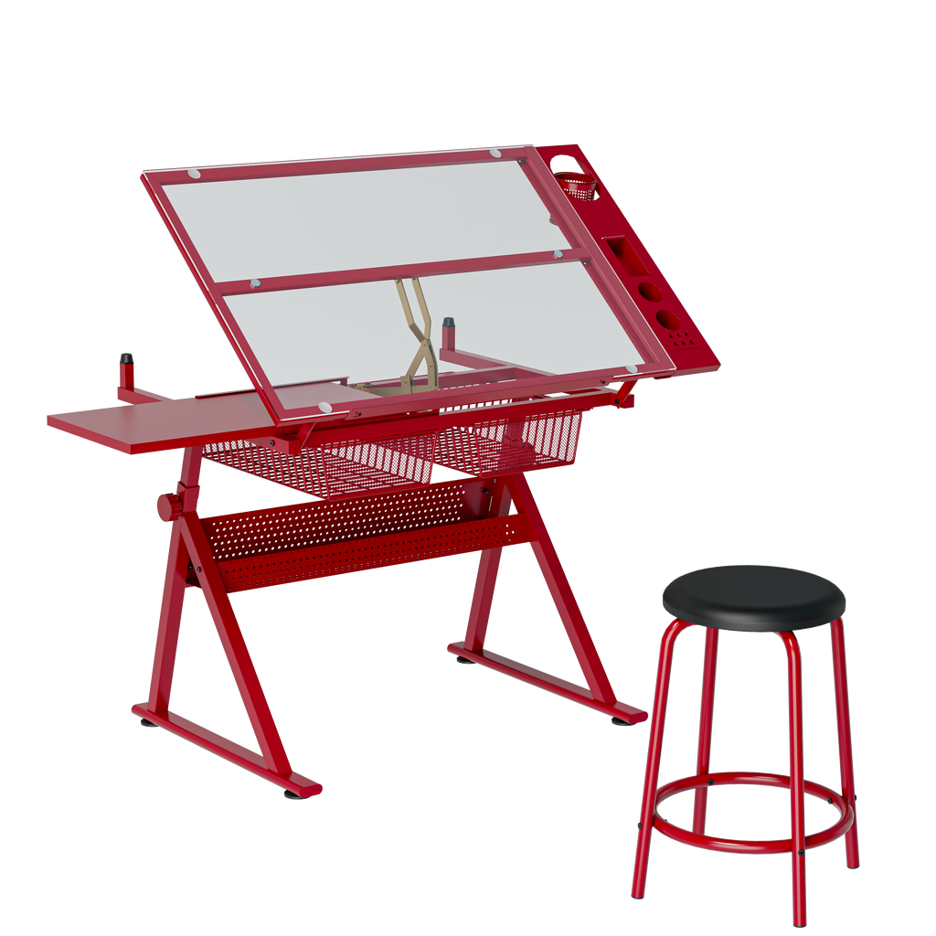 red adjustable tempered glass drafting printing drafting table with chair