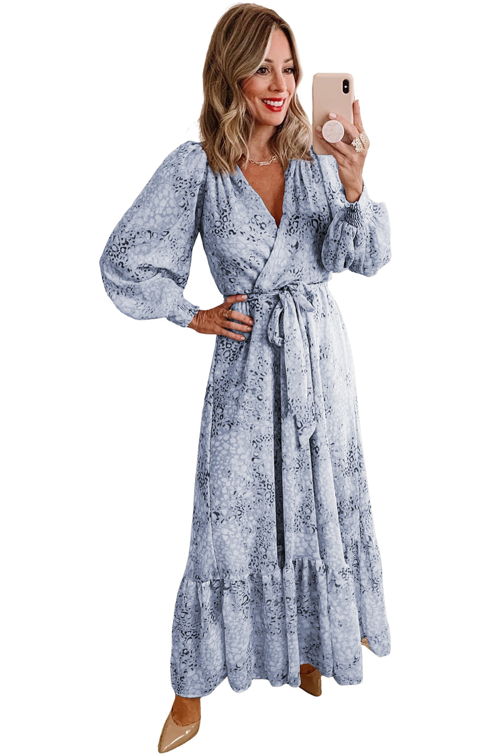 Sky Blue Printed Surplice V Neck Bubble Sleeve Sash Maxi Dress - Eloy Royal