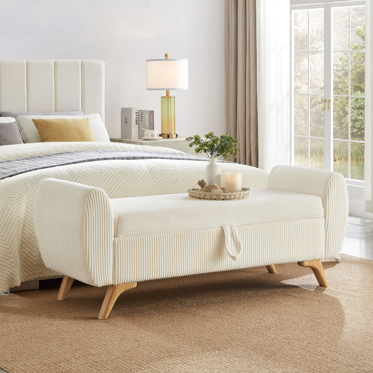 57' Modern Design Corduroy Upholstered with Storage Bed Bench,Wood Legs Bench for Bed Room,Hall Way, Beige