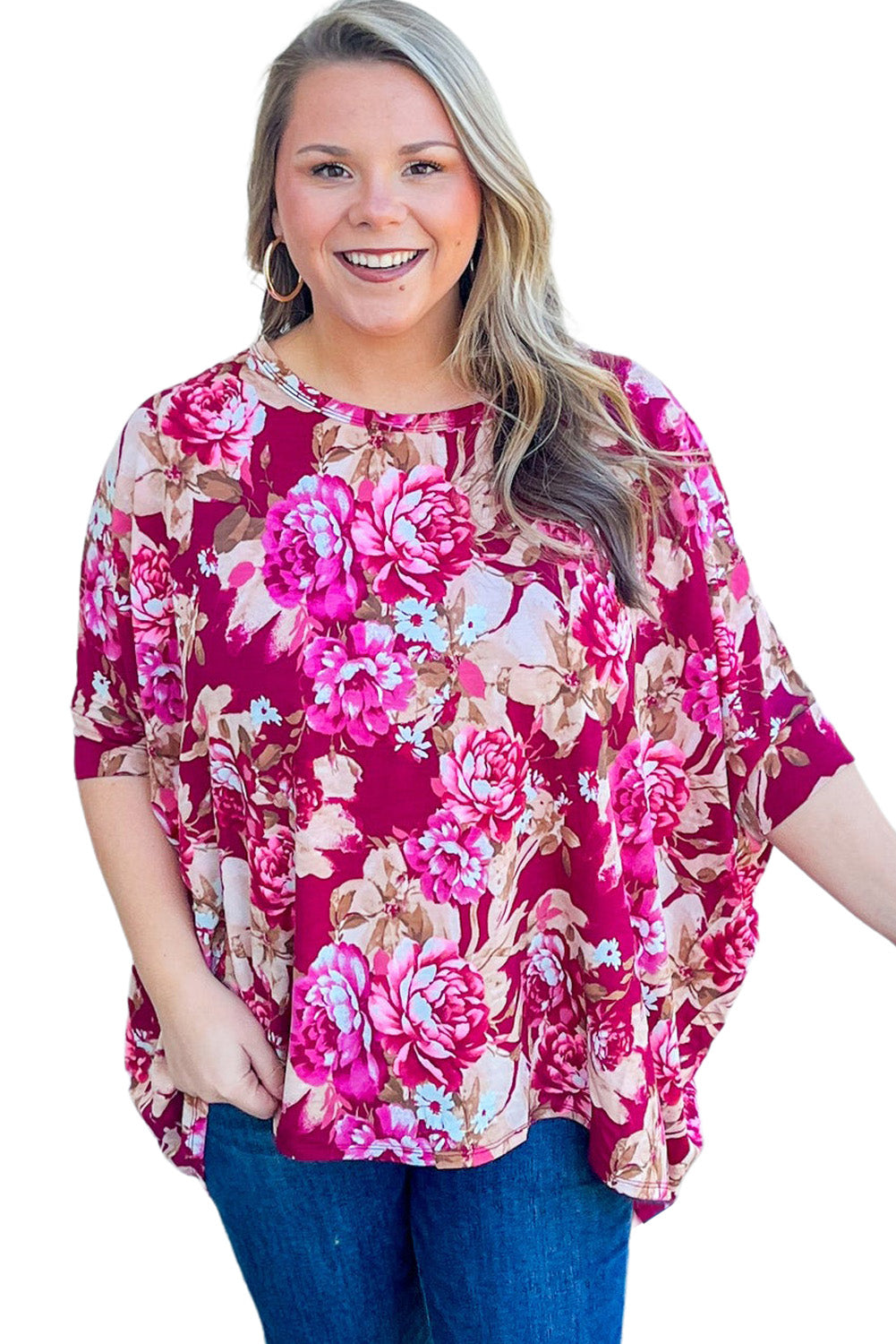 Red Plus Size Floral Print Half Sleeve Blouse - Eloy Royal