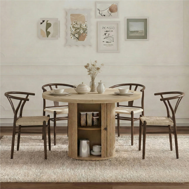 4-piece set of walnut color woven dining chairs, including a 47.2-inch round Roman column table with storage function, suitable for restaurants/wooden color