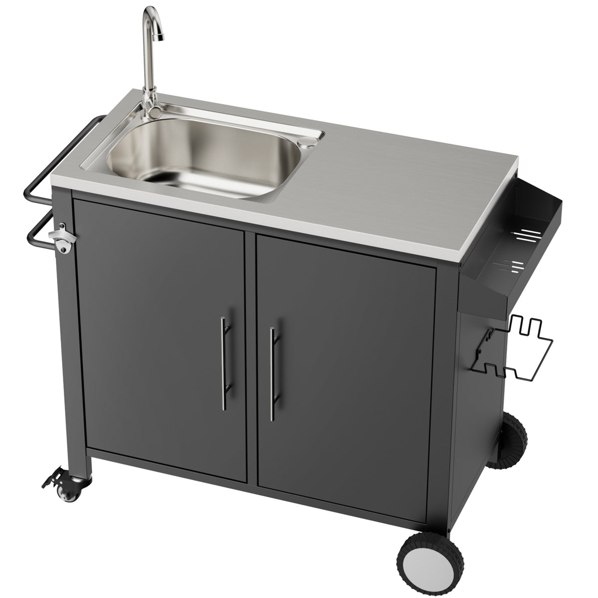 Outdoor Grill Table with Sink, Grill Cart with 304 Stainless Steel Sink and Cabinet, Outdoor Grill Cart,Outdoor Cart Sink Station with Wheels, L38' x W18' x H35'