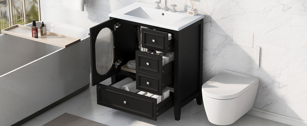 Giotto Three-Drawer Bathroom Vanity with Sink, Black, 30 in