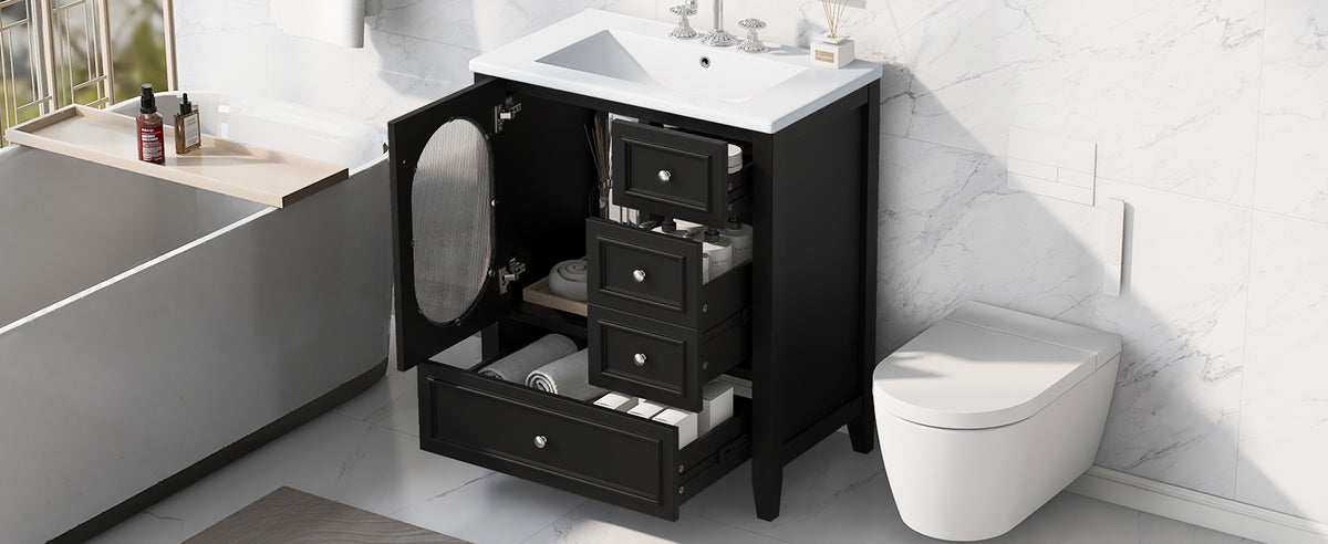 Giotto Three-Drawer Bathroom Vanity with Sink, Black, 30 in